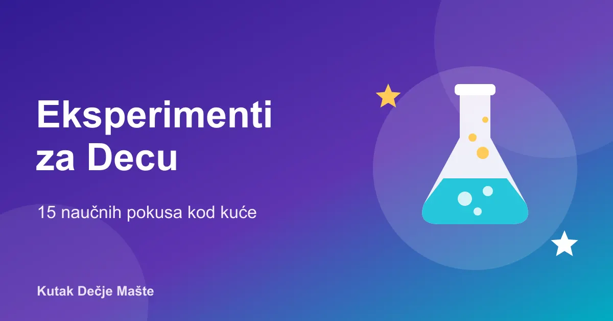 Eksperimenti za decu: ilustracija laboratorijske tikvice sa mehurićima na ljubičastoj pozadini